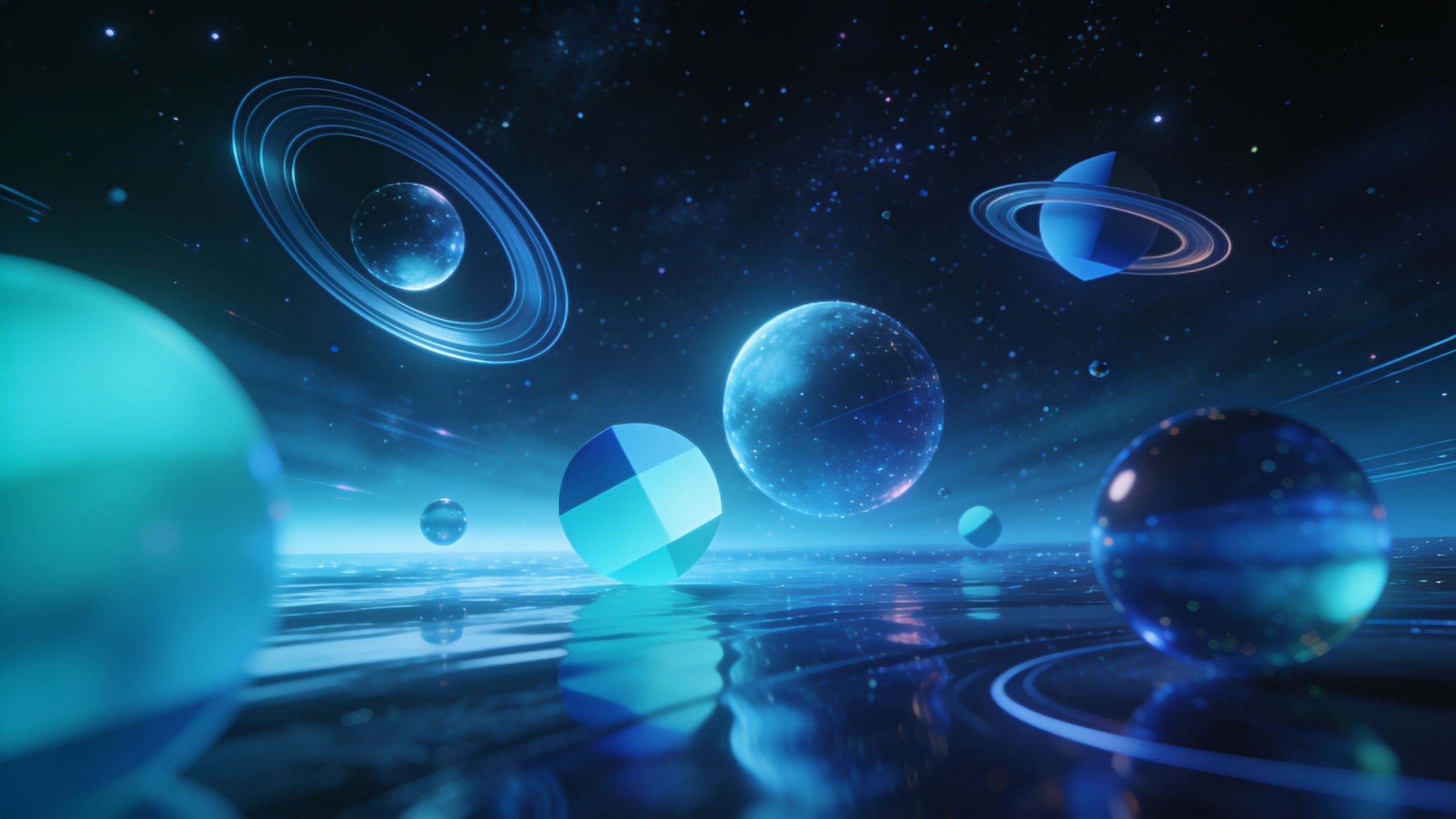 A collection of glowing, mystical spheres float in deep space, surrounded by rings and stars, creating an ethereal and otherworldly atmosphere. The scene is illuminated with shades of blue and teal, enhancing the cosmic and serene mood.