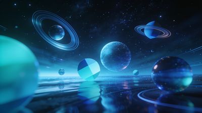 A collection of glowing, mystical spheres float in deep space, surrounded by rings and stars, creating an ethereal and otherworldly atmosphere. The scene is illuminated with shades of blue and teal, enhancing the cosmic and serene mood.