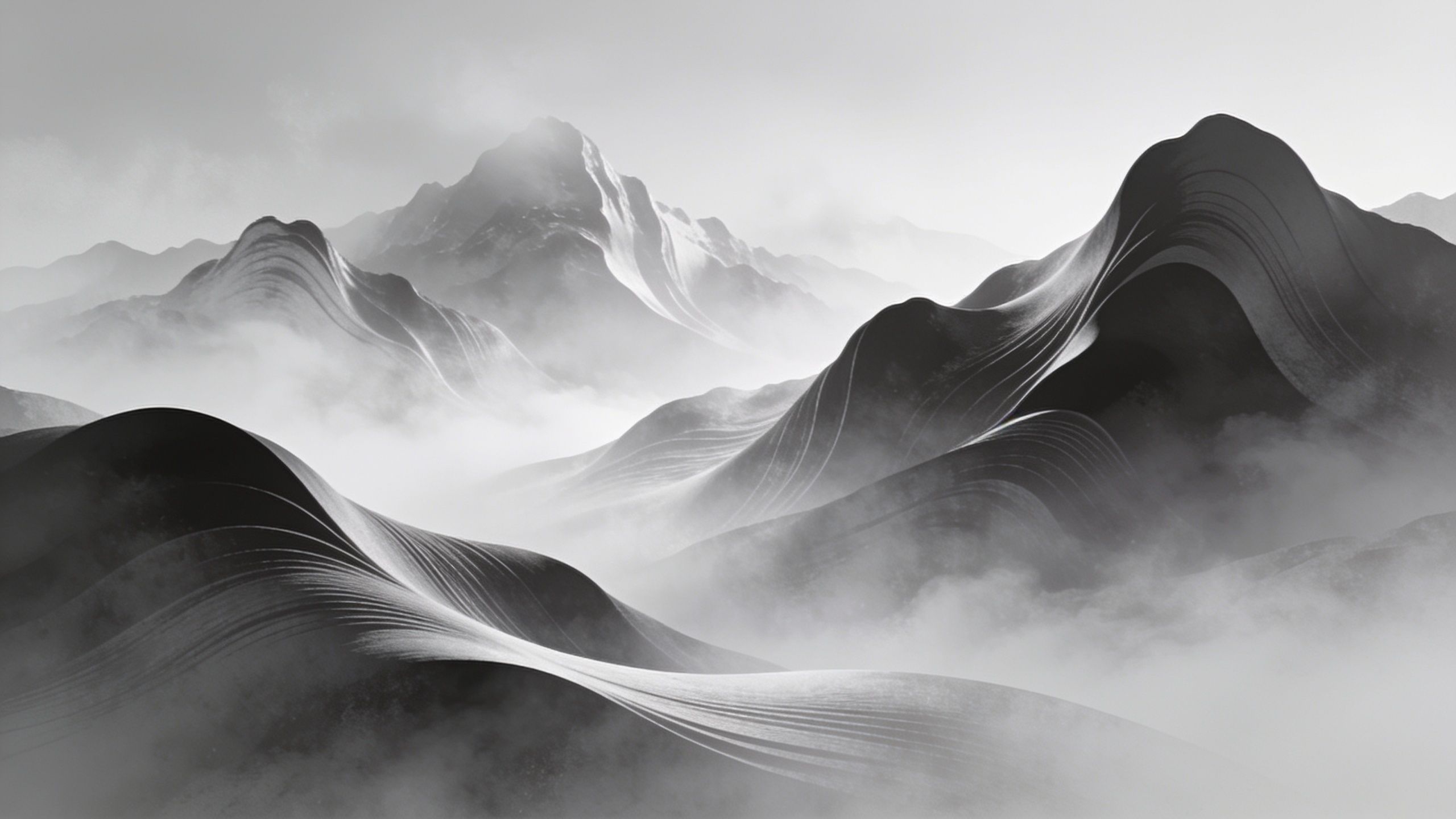 A monochrome image of misty mountains with smooth, curving peaks shrouded in fog, creating a tranquil and ethereal atmosphere.