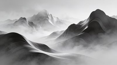 A monochrome image of misty mountains with smooth, curving peaks shrouded in fog, creating a tranquil and ethereal atmosphere.