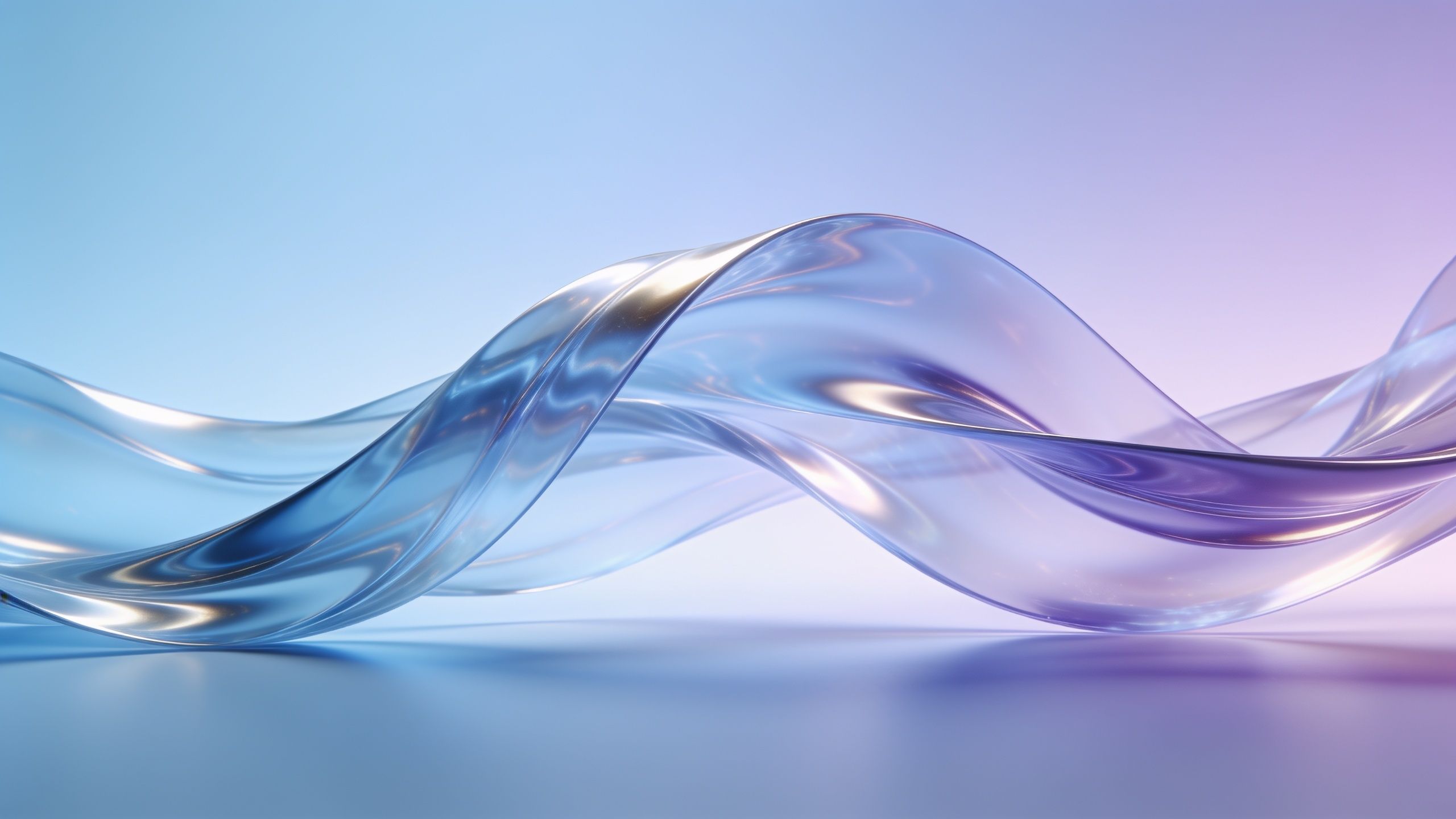 A serene and abstract wallpaper featuring smooth, translucent glass waves flowing gracefully in soft pastel hues of blue and purple, creating a calming and elegant atmosphere.