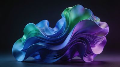 A dynamic composition of flowing, colorful waves in shades of blue, green, and purple creates an elegant and vibrant abstract design against a dark background, evoking a sense of movement and fluidity.