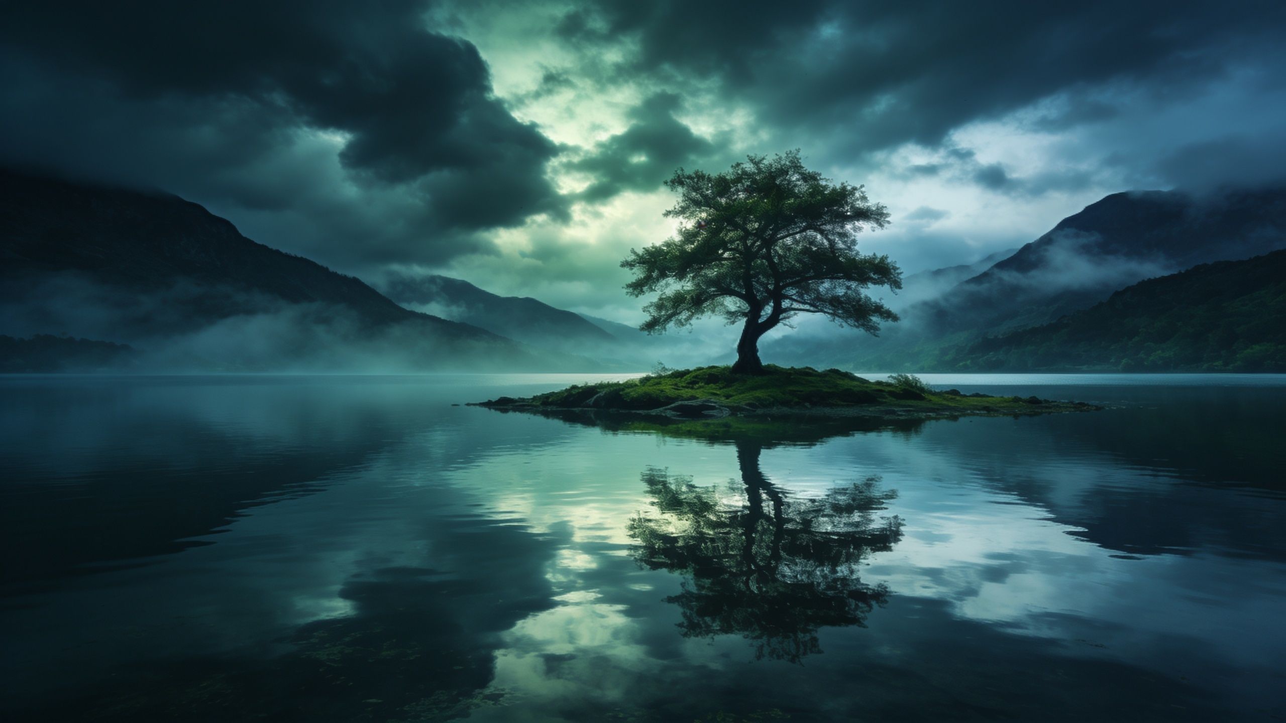 A solitary tree stands on a small island in the middle of a misty lake, surrounded by mountains and under a dramatic, cloudy sky, creating a tranquil and mysterious atmosphere.