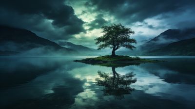 A solitary tree stands on a small island in the middle of a misty lake, surrounded by mountains and under a dramatic, cloudy sky, creating a tranquil and mysterious atmosphere.