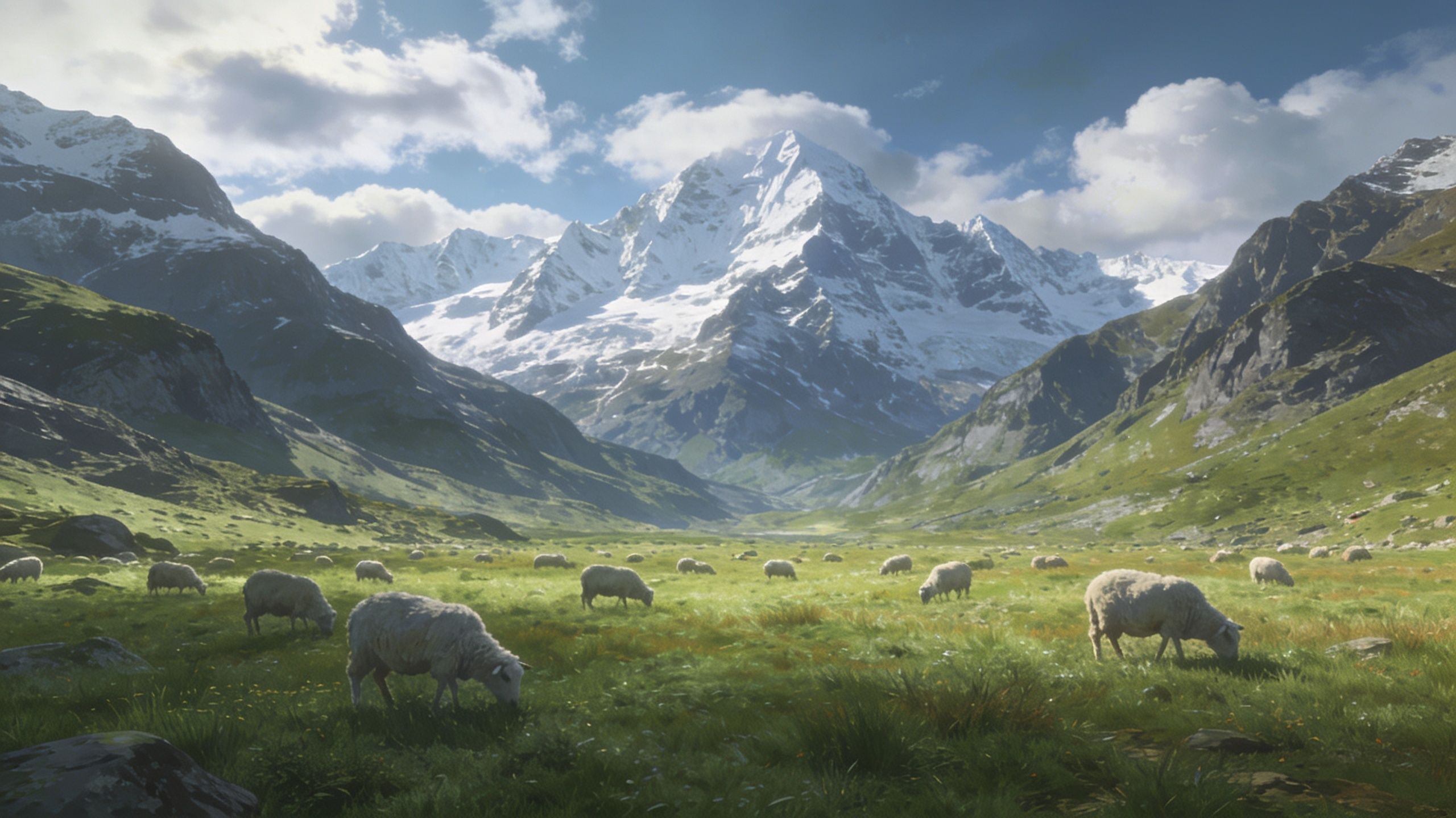 A tranquil alpine meadow is dotted with grazing sheep under a clear blue sky, framed by majestic snow-capped mountains, creating a peaceful and serene atmosphere.