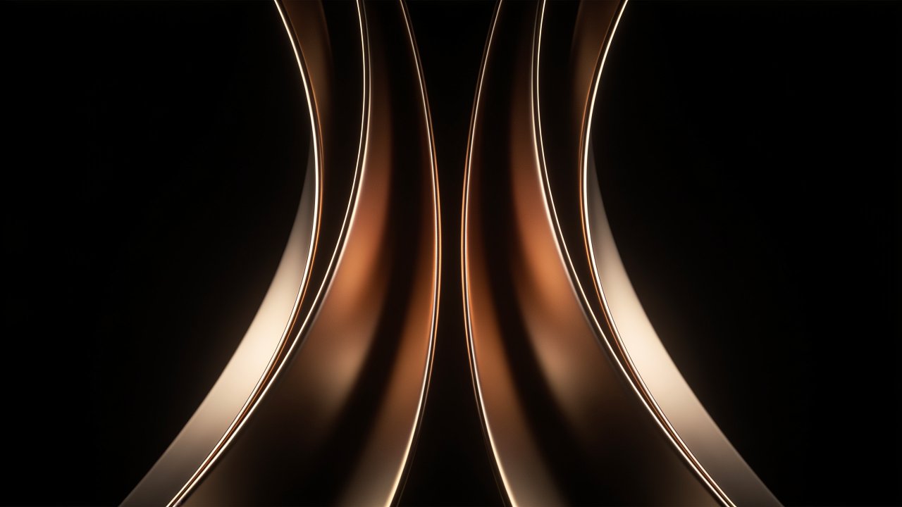 Elegant bronze curves gracefully sweep across a deep black background, creating a sophisticated and modern aesthetic with a sense of fluidity and depth.