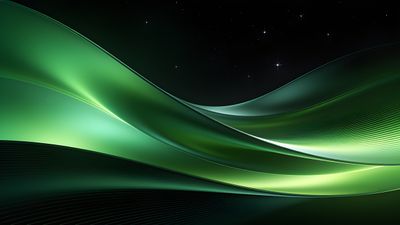 A digital wallpaper featuring smooth, abstract green waves flowing gracefully under a dark, starry sky, creating a tranquil and ethereal atmosphere.
