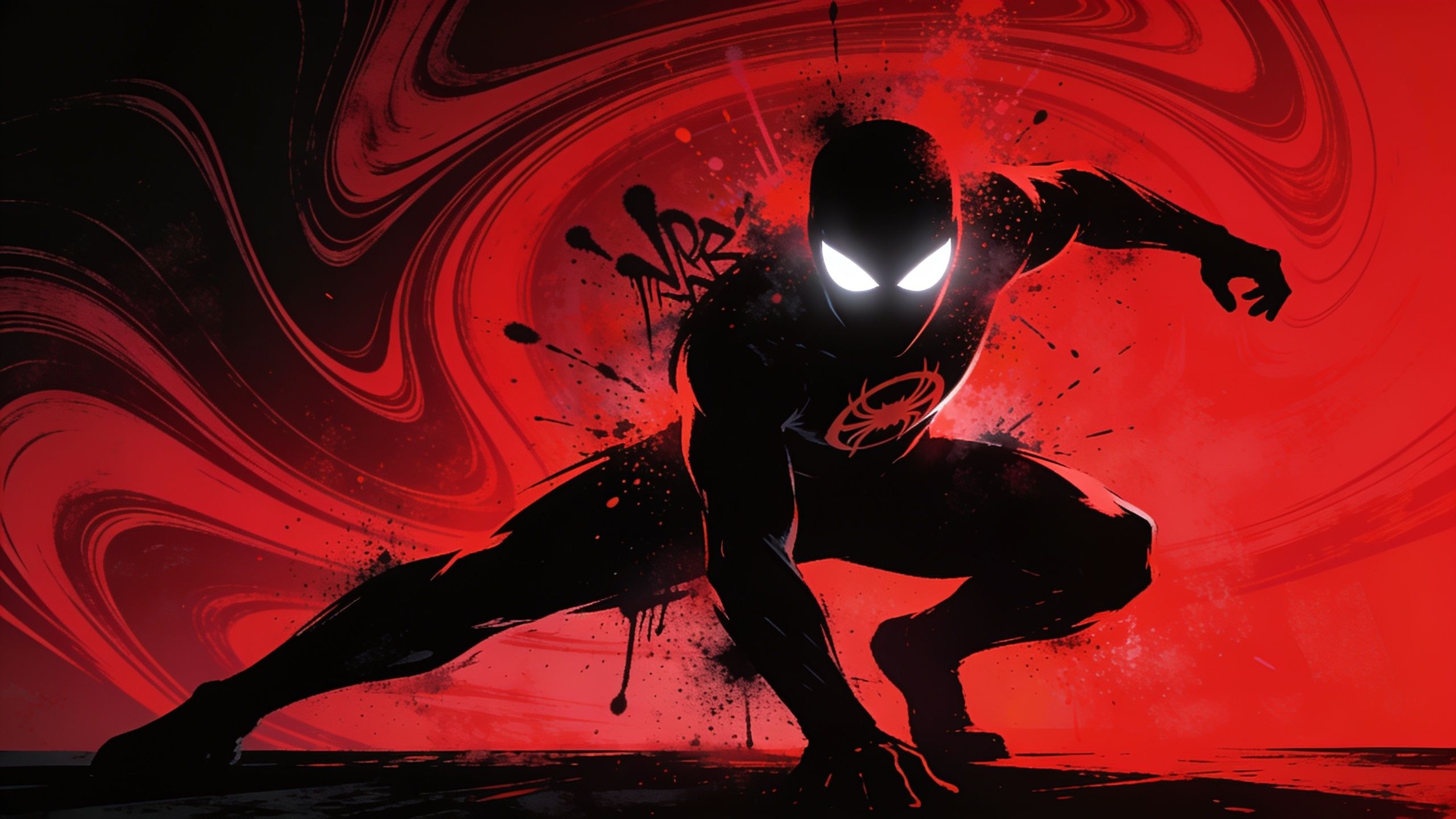 A dynamic silhouette of a superhero crouches in an action-ready pose against a swirling red background, creating an intense and energetic atmosphere. The bold contrast and fluid motion of the red swirls enhance the dramatic and powerful mood.