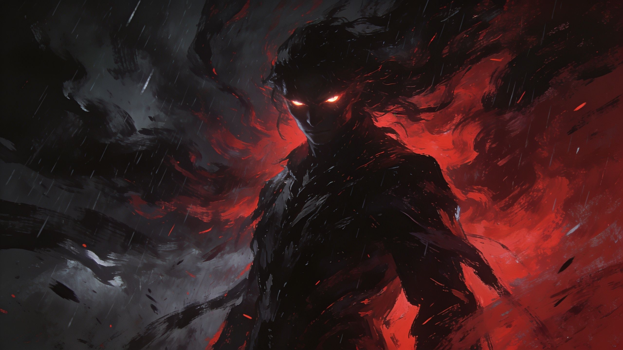 A dark silhouette with glowing eyes stands against a fiery red and black background, creating an intense and mysterious atmosphere. The swirling colors and dynamic lighting enhance the dramatic and ominous mood.