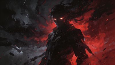 A dark silhouette with glowing eyes stands against a fiery red and black background, creating an intense and mysterious atmosphere. The swirling colors and dynamic lighting enhance the dramatic and ominous mood.