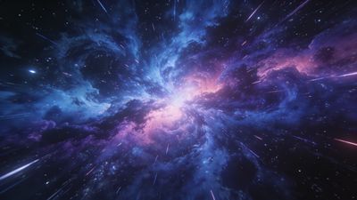 A swirling cosmic vortex in deep space, featuring vibrant hues of blue and purple, creates a mesmerizing and dynamic scene filled with stars and glowing nebulae, evoking a sense of wonder and mystery.