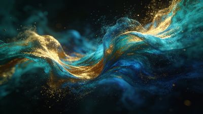 A dynamic swirl of ethereal gold and blue waves creates a sense of movement and fluidity against a dark background, evoking a serene and mystical atmosphere.