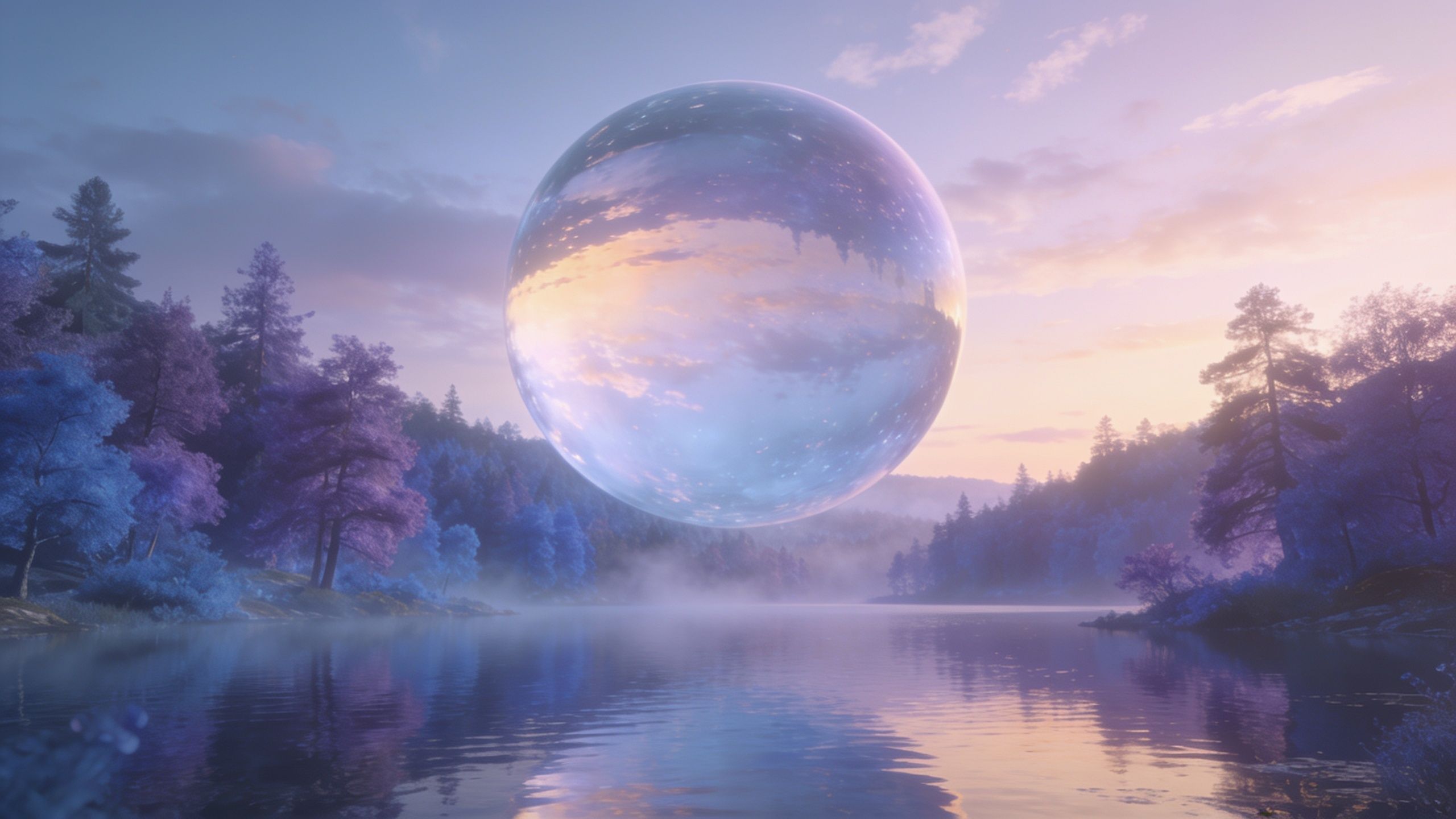 A large, translucent sphere hovers over a serene, misty landscape with purple and blue-hued trees reflected in a calm lake, creating a dreamy and ethereal atmosphere under a pastel sky.