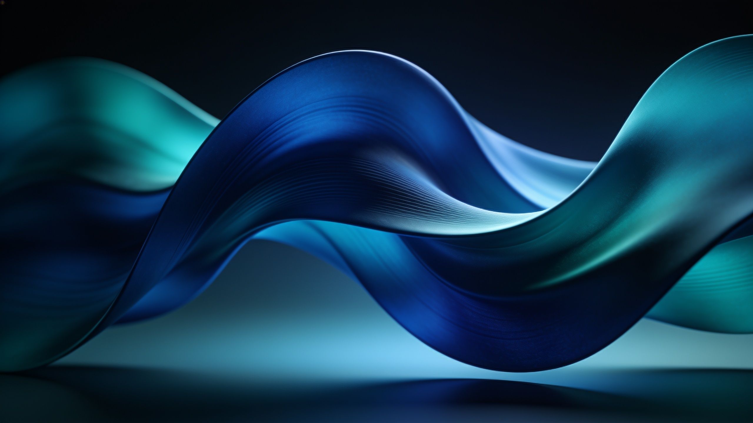Abstract blue waves gracefully flow across a dark background, creating a sense of fluid motion and tranquility with their smooth curves and varying shades of blue and teal. The overall mood is serene and elegant, evoking a calming and peaceful ambiance.