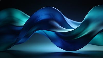 Abstract blue waves gracefully flow across a dark background, creating a sense of fluid motion and tranquility with their smooth curves and varying shades of blue and teal. The overall mood is serene and elegant, evoking a calming and peaceful ambiance.