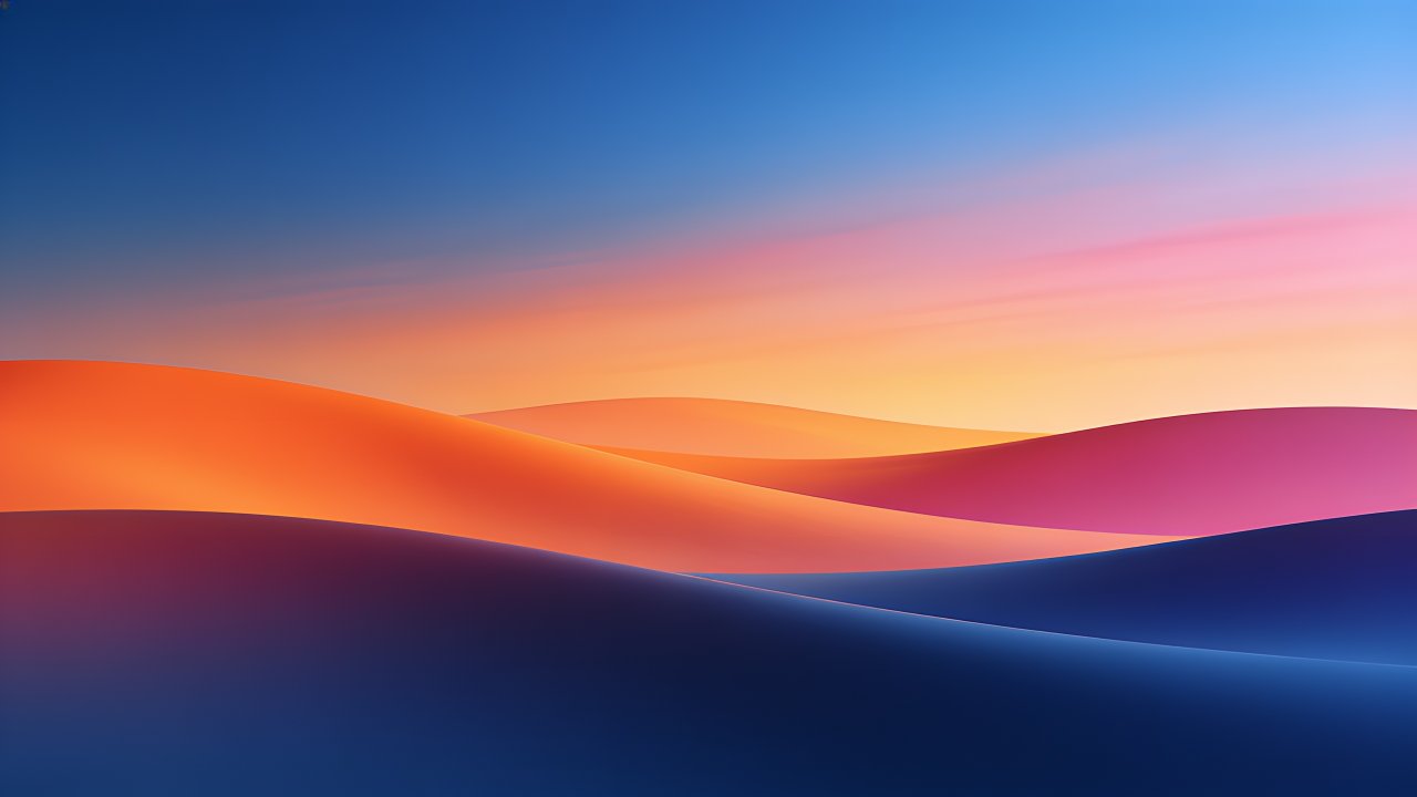 A vibrant sunset casts warm hues of orange, pink, and purple over gently rolling sand dunes, creating a serene and tranquil atmosphere against a clear blue sky.