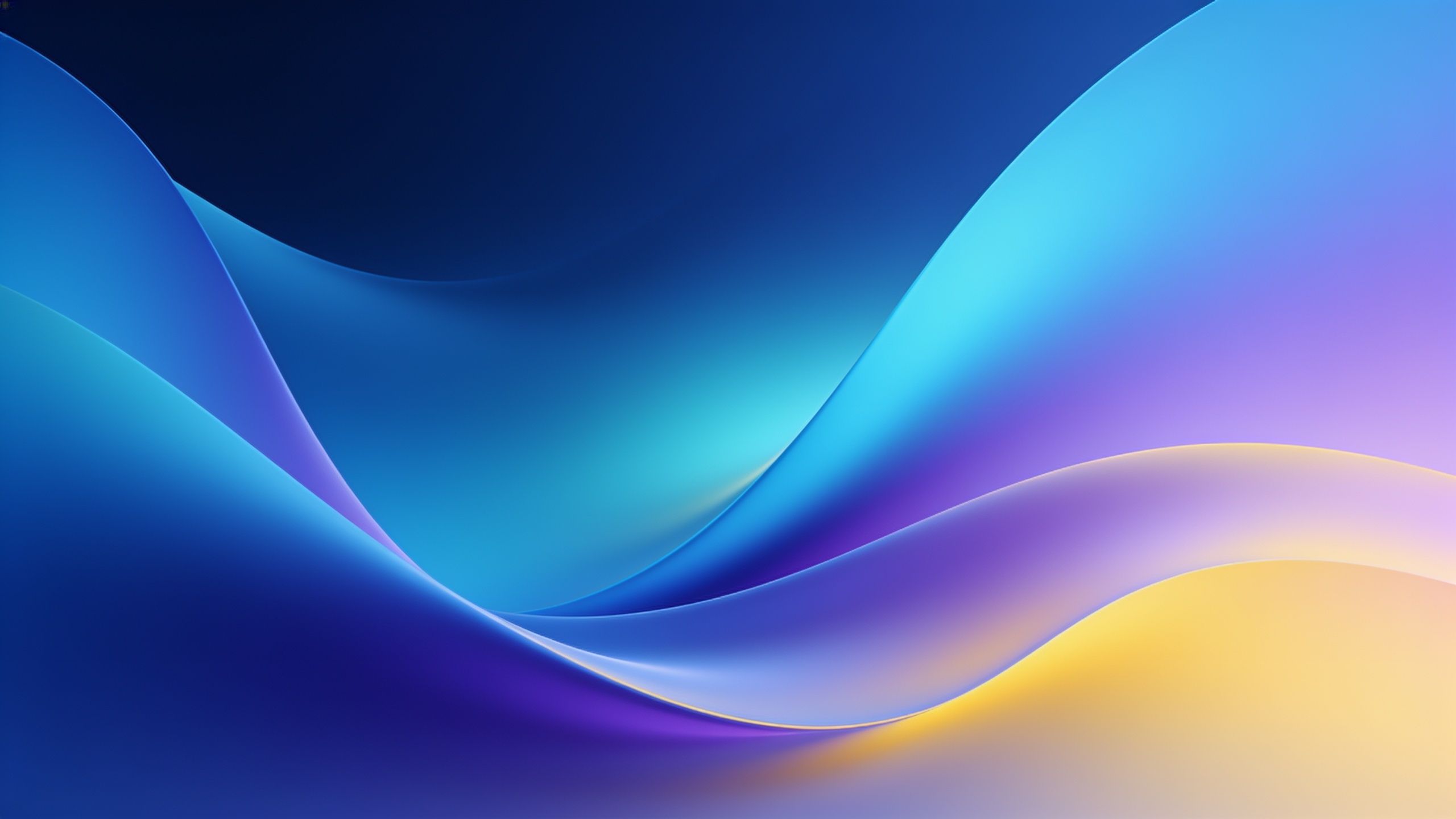 Abstract waves in vibrant shades of blue and purple flow smoothly across the image, creating a dynamic and calming visual effect with a touch of soft yellow at the edges, evoking a sense of fluidity and tranquility.