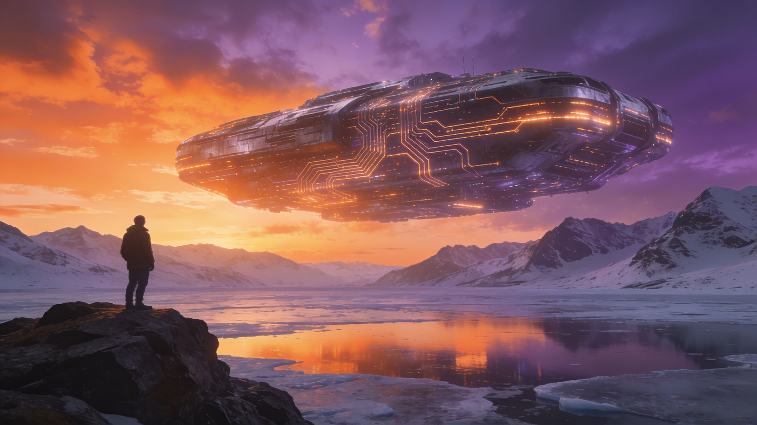 A futuristic spaceship hovers over icy mountains at sunset, casting a warm glow on the snow and reflecting vibrant orange and purple hues in the sky and water below, creating a serene and otherworldly atmosphere.