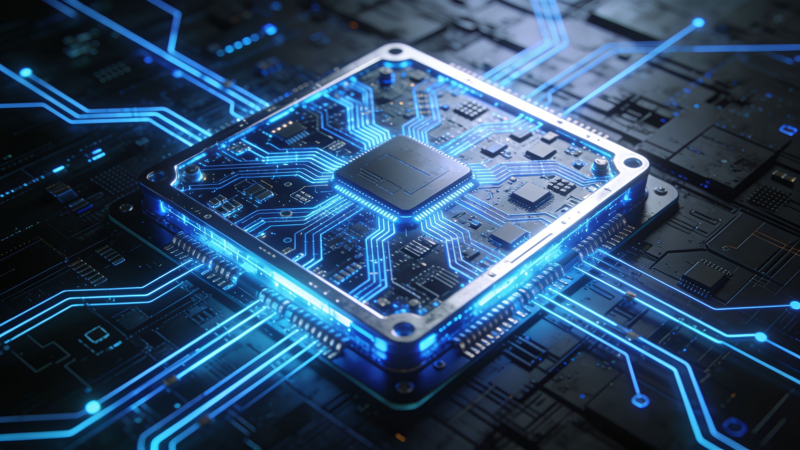A futuristic circuit board is depicted with intricate, glowing blue lines that create a dynamic and high-tech atmosphere, evoking a sense of advanced technology and innovation.