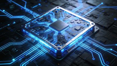 A futuristic circuit board is depicted with intricate, glowing blue lines that create a dynamic and high-tech atmosphere, evoking a sense of advanced technology and innovation.