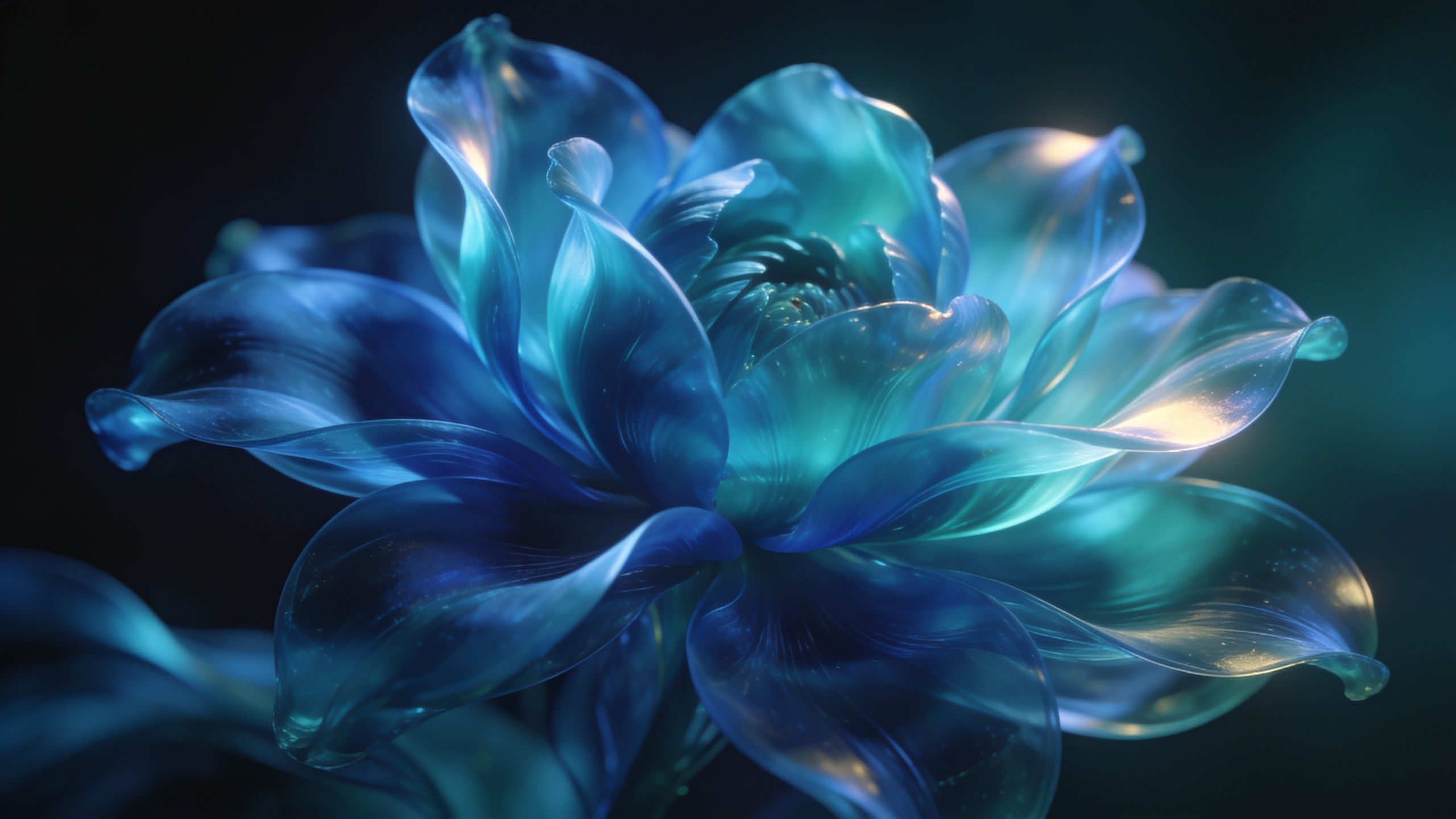 A luminous blue flower with delicate, translucent petals glows softly against a dark, blurred background, creating an ethereal and calming atmosphere.