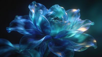 A luminous blue flower with delicate, translucent petals glows softly against a dark, blurred background, creating an ethereal and calming atmosphere.