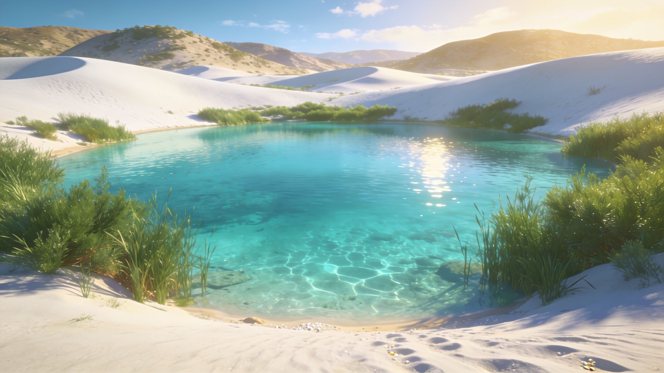 A tranquil desert oasis with crystal-clear turquoise waters is surrounded by soft, white sand dunes and lush green vegetation, creating a peaceful and serene atmosphere under a bright, sunny sky.