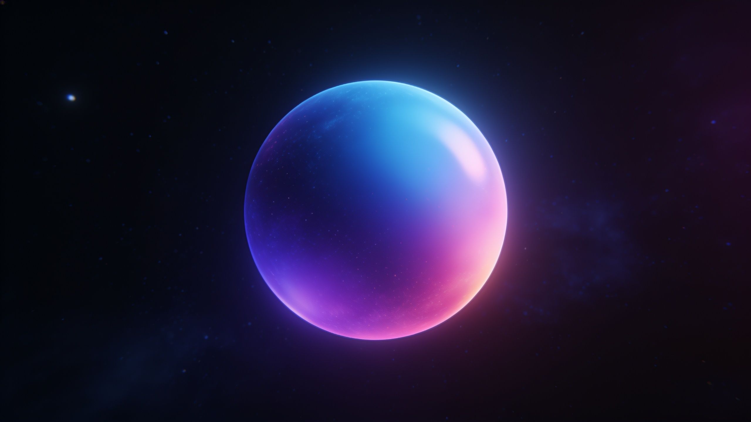 A luminous, multicolored sphere floats in deep space, radiating vibrant hues of blue, purple, and pink against a backdrop of distant stars, creating a serene and otherworldly atmosphere.