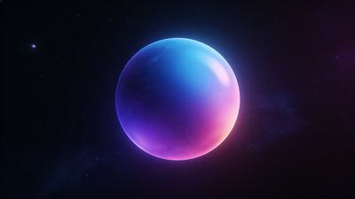A luminous, multicolored sphere floats in deep space, radiating vibrant hues of blue, purple, and pink against a backdrop of distant stars, creating a serene and otherworldly atmosphere.