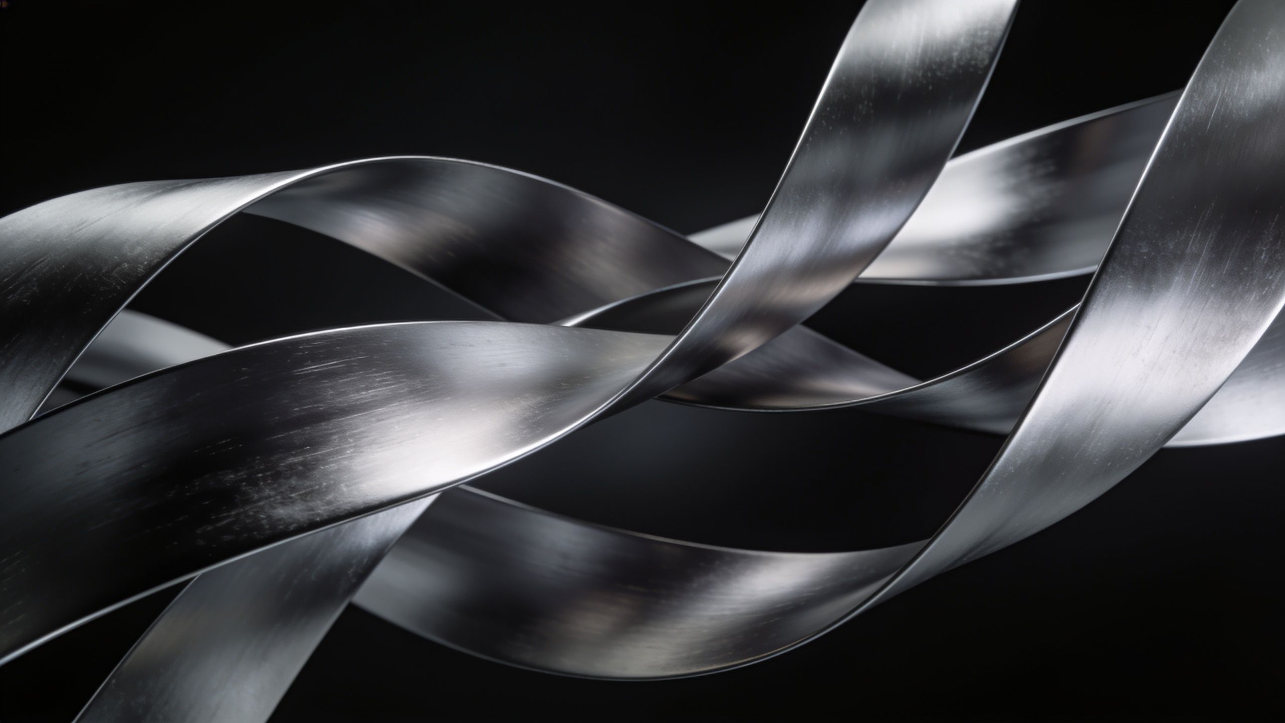 Abstract metallic ribbons twist and flow gracefully against a dark background, creating a sleek and modern aesthetic with a sense of fluid motion and elegance.