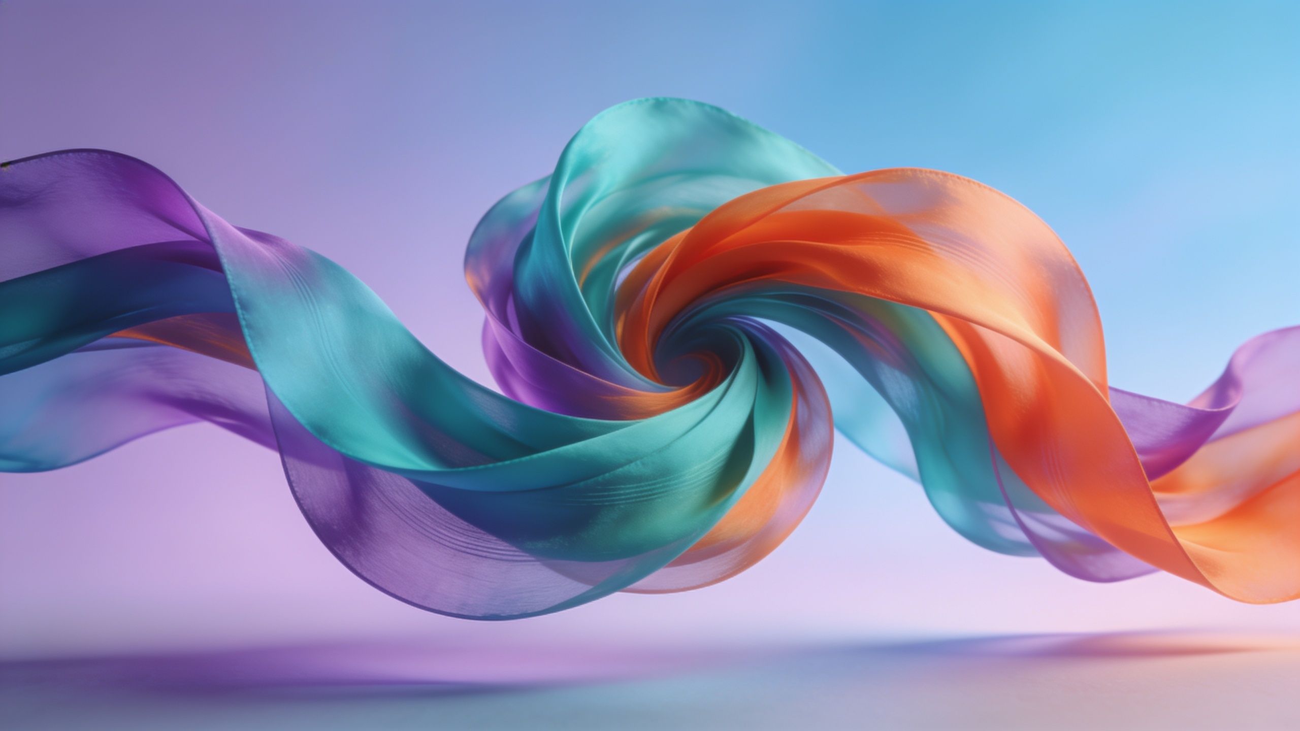 A dynamic swirl of colorful silk ribbons in shades of purple, teal, and orange creates a vibrant and flowing pattern against a soft gradient background of blue and lavender, evoking a sense of movement and elegance.