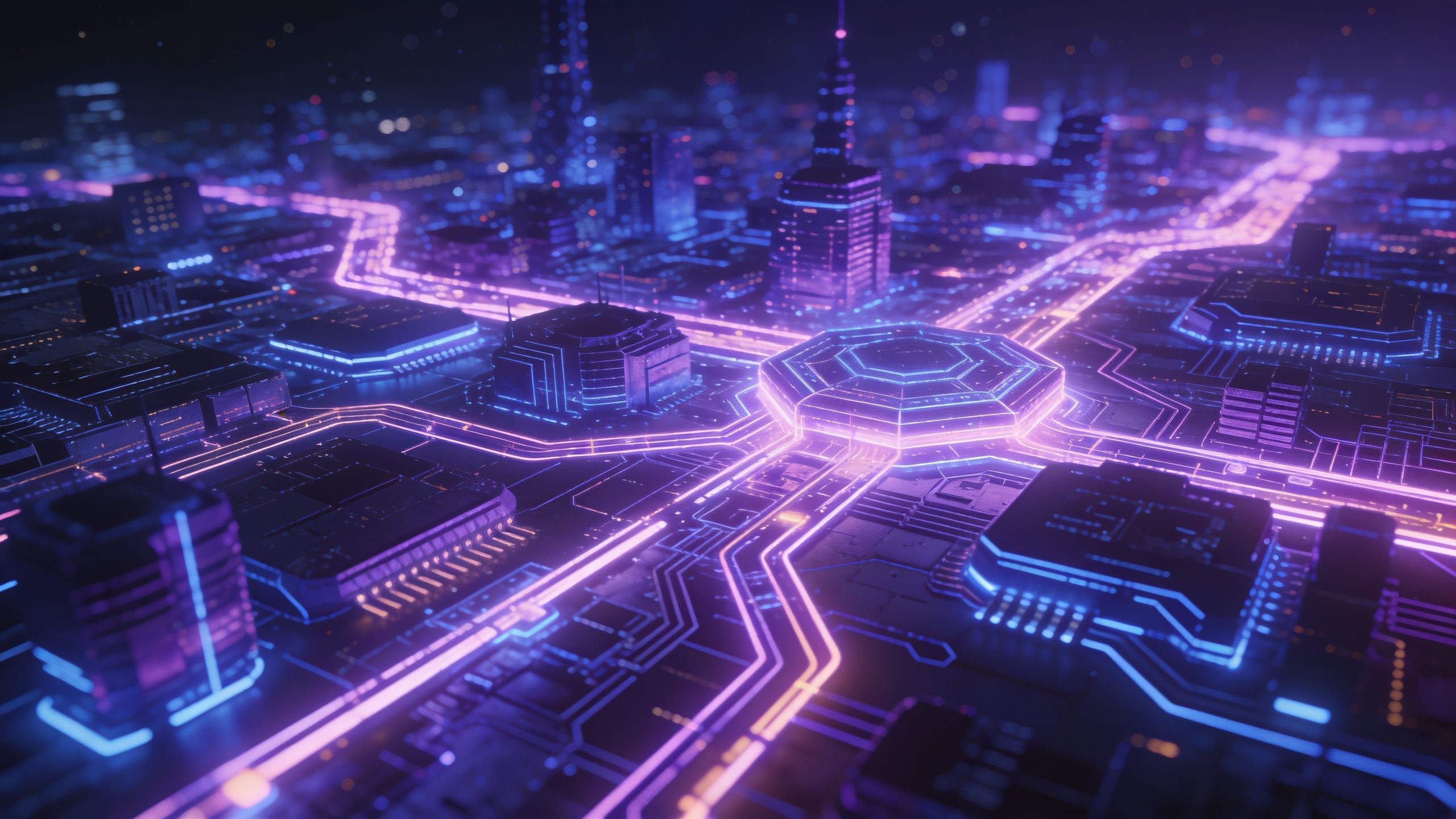 A vibrant futuristic cityscape at night is illuminated by neon lights in shades of purple and blue, creating a glowing network of streets and buildings that evoke a high-tech, cyberpunk atmosphere.