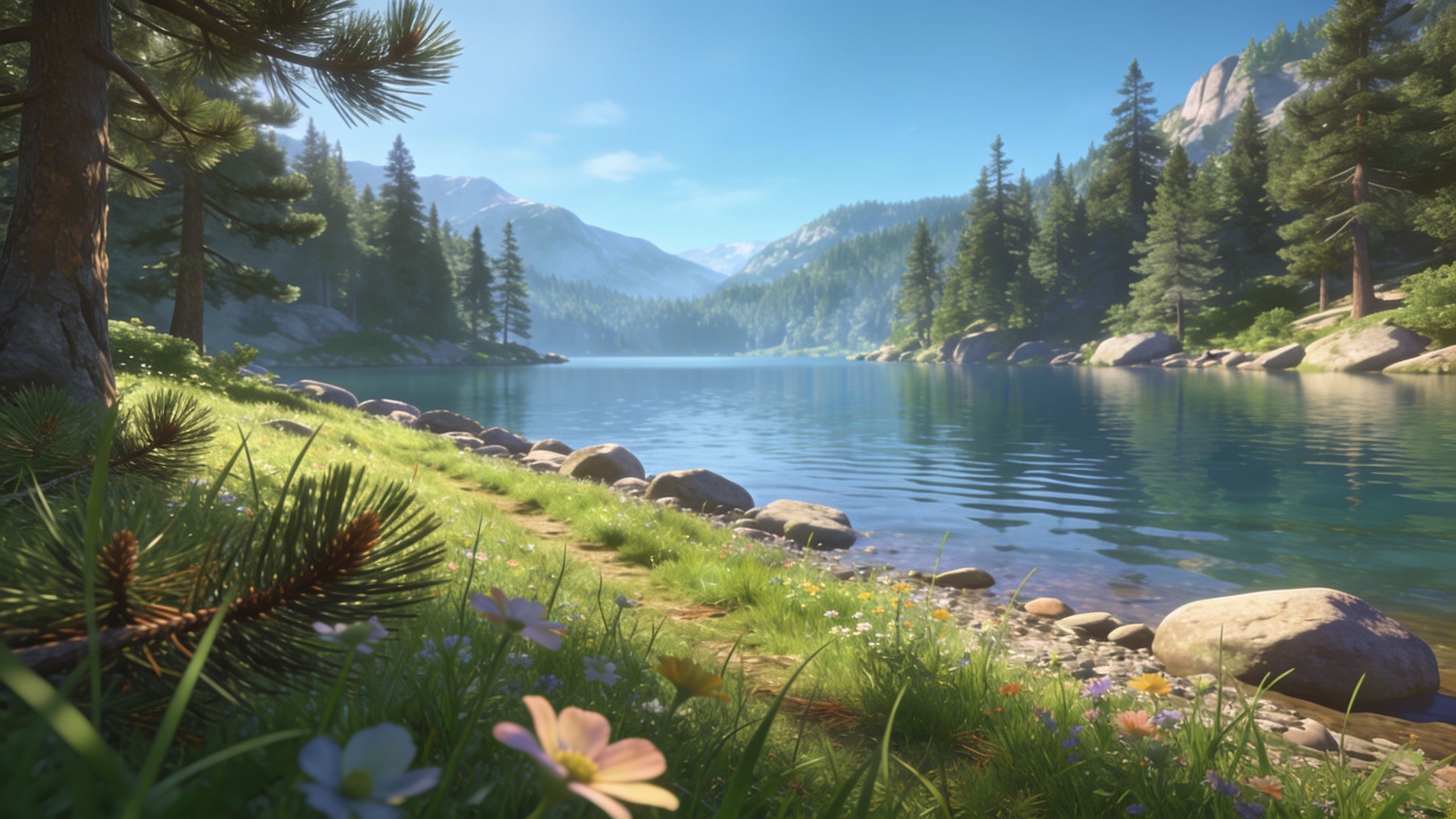 A serene mountain lake is surrounded by lush pine trees and colorful wildflowers, under a clear blue sky, creating a peaceful and tranquil atmosphere.
