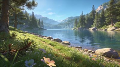 A serene mountain lake is surrounded by lush pine trees and colorful wildflowers, under a clear blue sky, creating a peaceful and tranquil atmosphere.