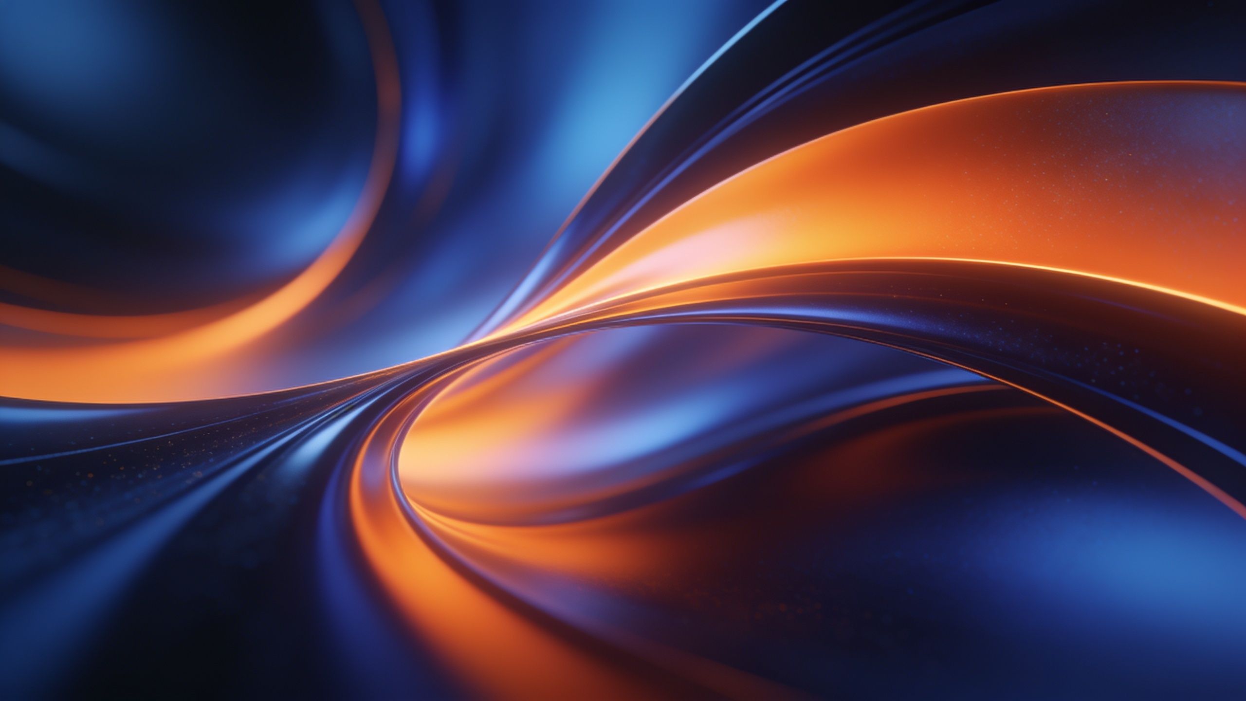 The wallpaper features dynamic, flowing waves in vibrant shades of blue and orange, creating a sense of movement and energy. The abstract design evokes a modern and lively mood, with smooth curves and a glossy finish.
