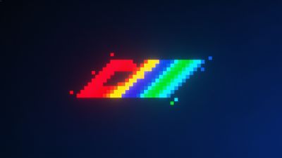 A vibrant pixel art rainbow with bold red, orange, yellow, green, and blue stripes is set against a dark blue background, creating a striking and colorful contrast. The mood is lively and dynamic, with the pixelated design adding a nostalgic, retro feel.