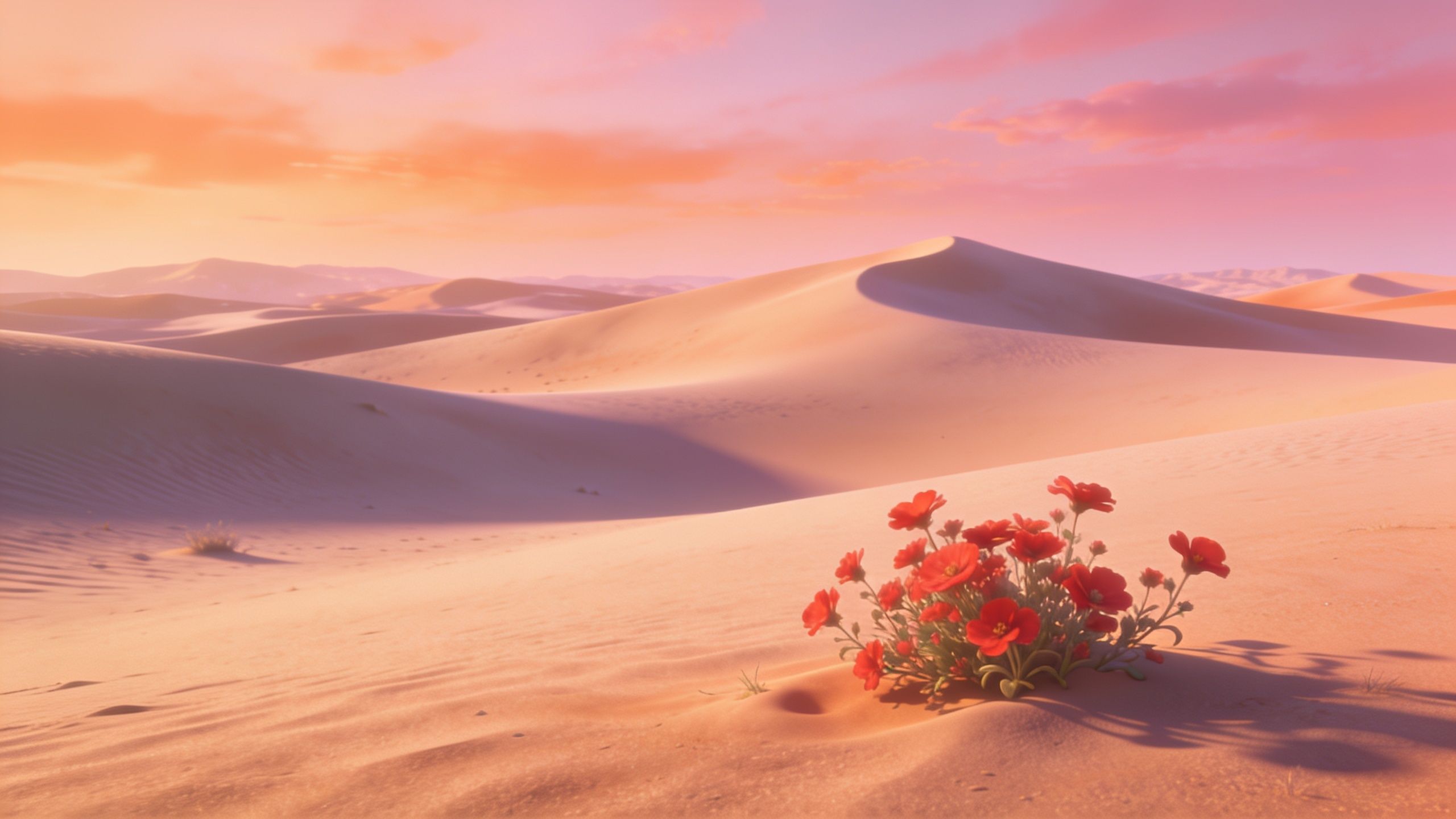 A cluster of vibrant red flowers blooms amidst the soft, rolling dunes of a desert, bathed in the warm, golden hues of a sunset, creating a tranquil and serene atmosphere.