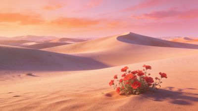 A cluster of vibrant red flowers blooms amidst the soft, rolling dunes of a desert, bathed in the warm, golden hues of a sunset, creating a tranquil and serene atmosphere.