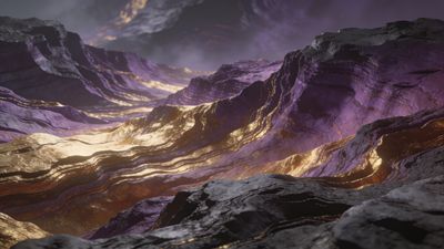 A breathtaking mountain landscape featuring undulating layers of purple and gold hues, creating a surreal and majestic atmosphere under a misty sky.