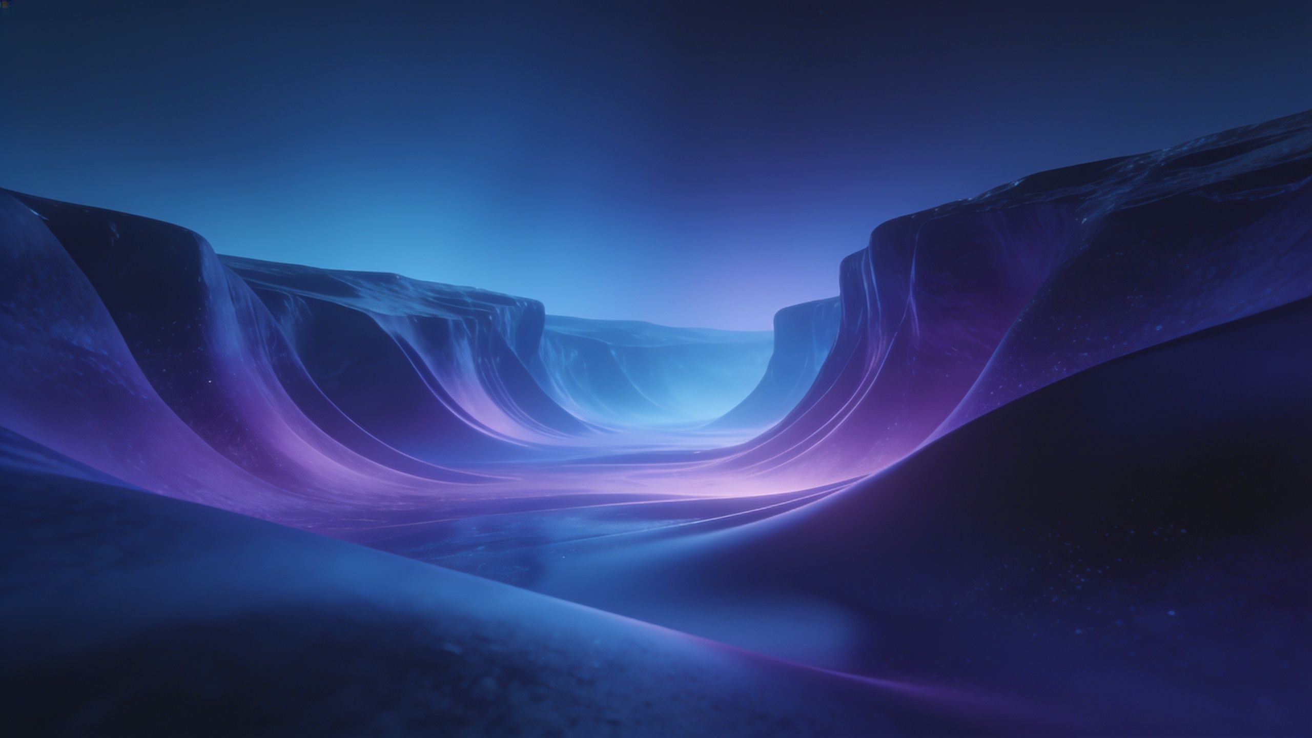 A surreal canyon landscape illuminated by vibrant neon hues of purple and blue, creating an otherworldly and dreamlike atmosphere. The smooth, flowing rock formations evoke a sense of tranquility and mystery.