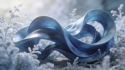 A smooth, abstract blue sculpture with twisting curves is set amidst a frosty landscape of delicate, ice-covered branches, creating a serene and elegant winter atmosphere.