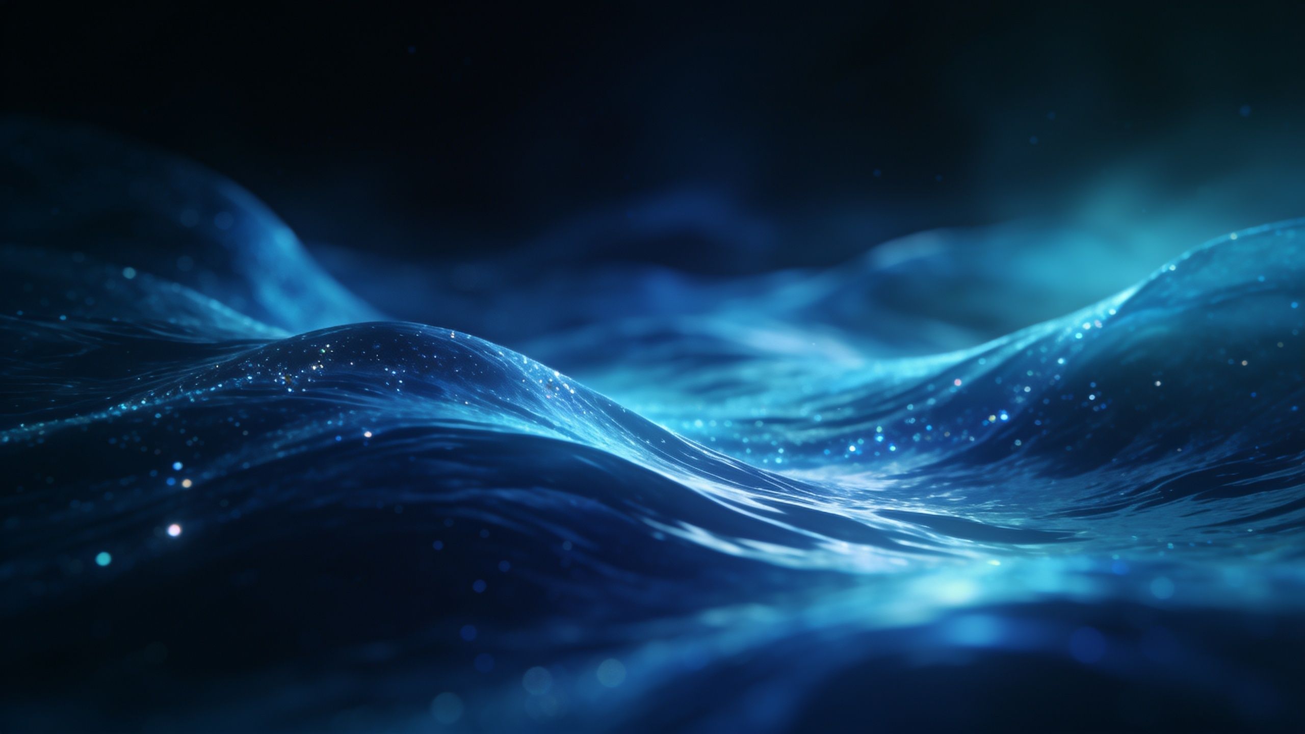 A serene nighttime scene of deep blue ocean waves gently rolling under a starry sky, creating a mystical and tranquil atmosphere with shimmering reflections on the water.