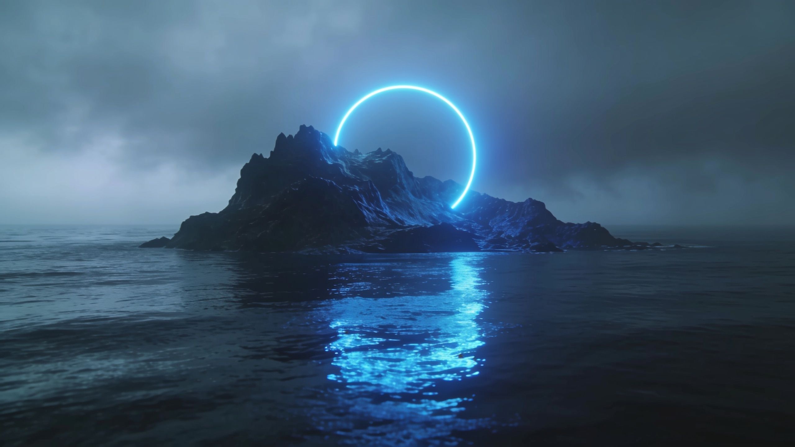 A dark, rocky island is surrounded by a mysterious glowing blue halo, reflecting off the calm ocean waters under a moody, overcast sky, creating an ethereal and otherworldly atmosphere.