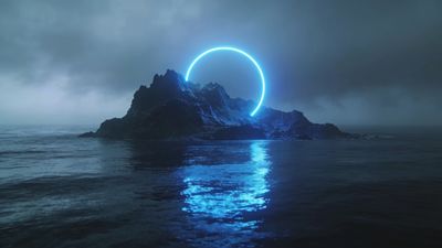 A dark, rocky island is surrounded by a mysterious glowing blue halo, reflecting off the calm ocean waters under a moody, overcast sky, creating an ethereal and otherworldly atmosphere.