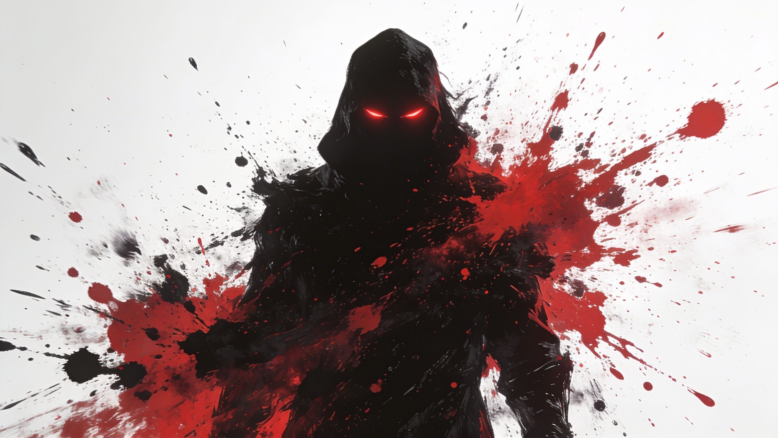 A dark hooded figure with glowing red eyes stands against a stark white background, surrounded by dramatic splashes of red and black, creating a mysterious and intense atmosphere.