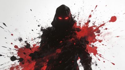 A dark hooded figure with glowing red eyes stands against a stark white background, surrounded by dramatic splashes of red and black, creating a mysterious and intense atmosphere.
