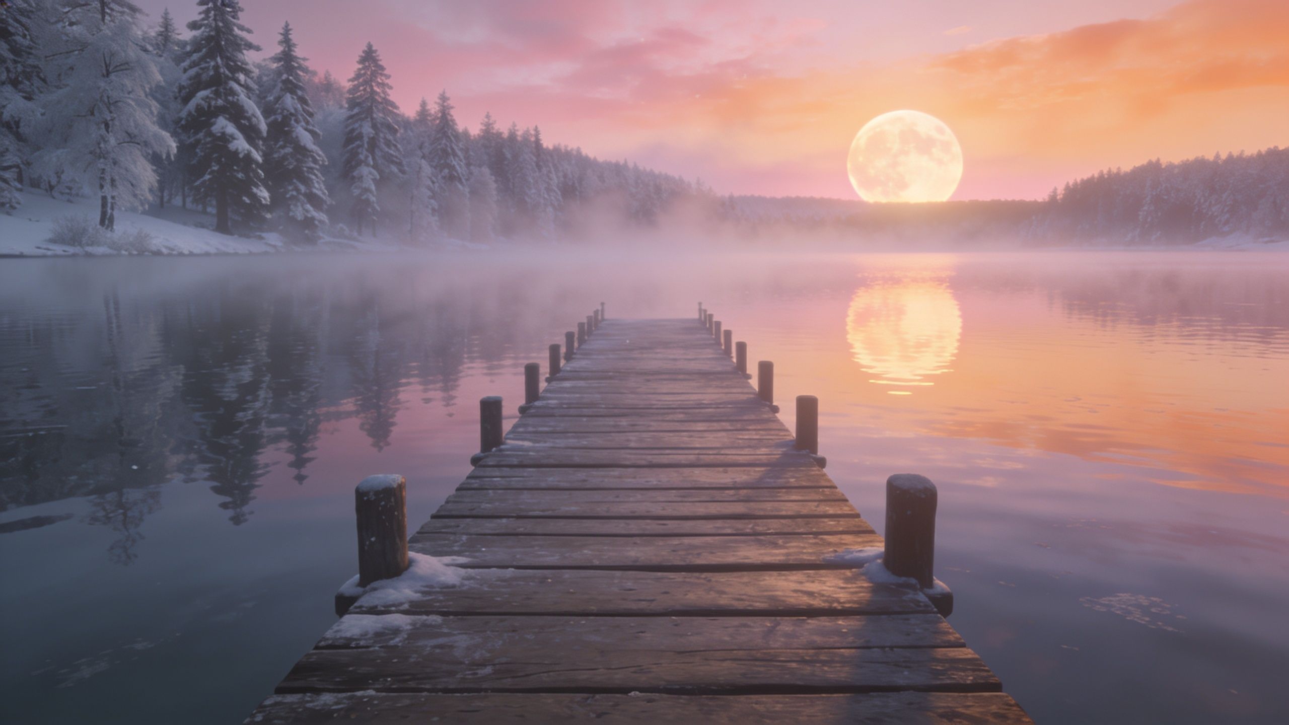 A tranquil winter scene features a snow-covered wooden pier extending into a serene lake, with a full moon casting a soft glow and reflecting in the water, surrounded by snow-laden trees under a pastel-colored sky.