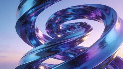 A swirling abstract metallic structure with a glossy surface reflects hues of blue and purple, set against a soft, glowing sunset sky, creating a serene and futuristic mood.
