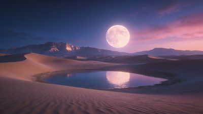 A tranquil desert oasis is illuminated by a bright full moon, surrounded by gentle sand dunes and distant mountains under a starry night sky, creating a serene and peaceful atmosphere.