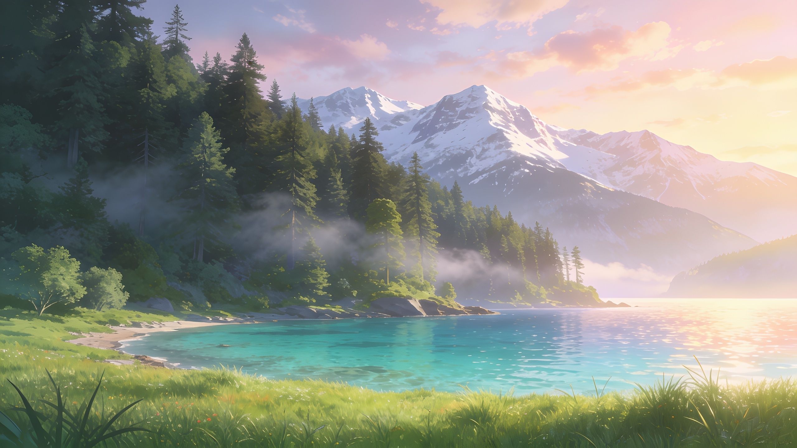 A tranquil mountain lake is bathed in the soft, golden light of sunrise, with snow-capped peaks in the background and lush green trees lining the shore, creating a serene and peaceful atmosphere.